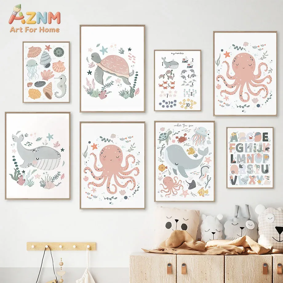 Kids Educational Poster - AZNM Nursery Sea Animal Canvas Wall