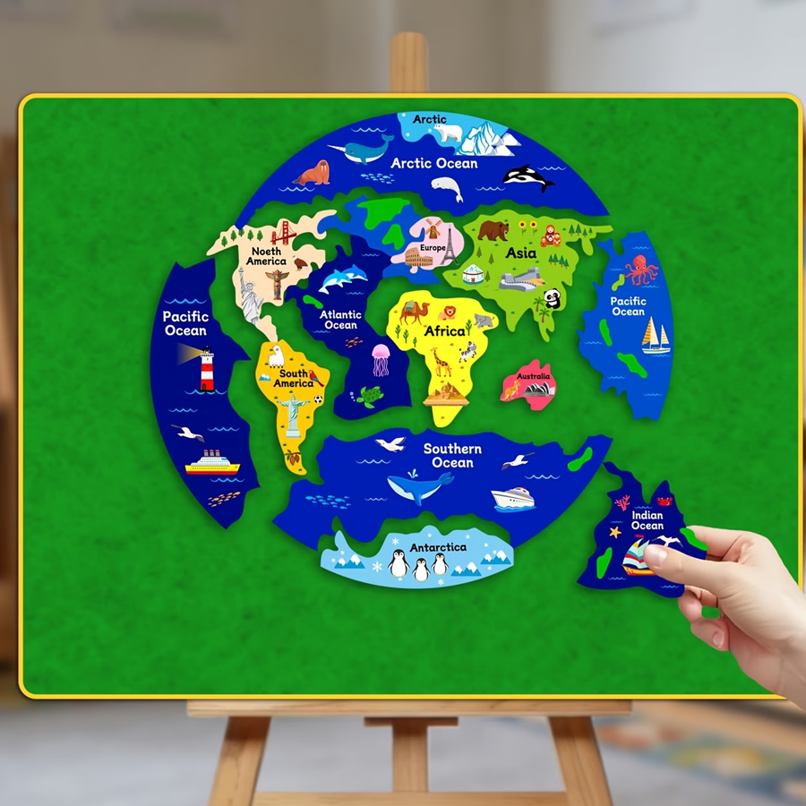 Puzzle Map World - Kids World Map Felt Puzzle, Interactive
